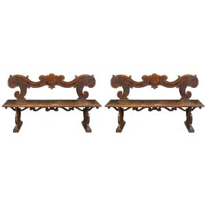 Pair Of Noble Benches In Carved Walnut Wood. Tuscany, 17th Century.