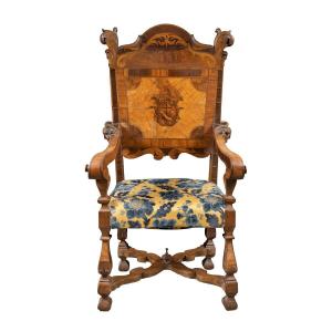 Armchair In Carved, Veneered And Inlaid Wood. Italy, 17th-18th Century.