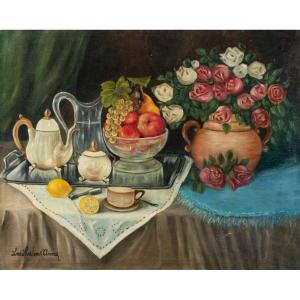 European Painter (early 20th Century) - Still Life With Flowers And Fruit.