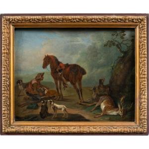 Jean-baptiste Oudry (paris 1686 - Beauvais 1755) Entourage - Scène De Chasse Aux Lévriers.