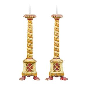 Pair Of Lacquered And Painted Wooden Candlesticks. Venice, 18th/19th Century.