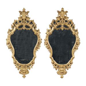 Pair Of Carved And Gilded Wooden Mirrors. Italy, 18th Century.