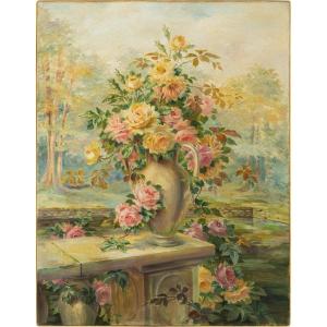 Peintre Français (daté De 1919) - Nature Morte Au Vase De Roses.