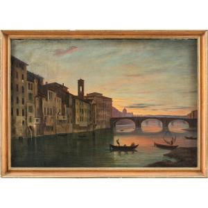 Peintre Italien (xixe Siècle) - Florence, Vue Du Lungarno Près Du Pont Santa Trinita.