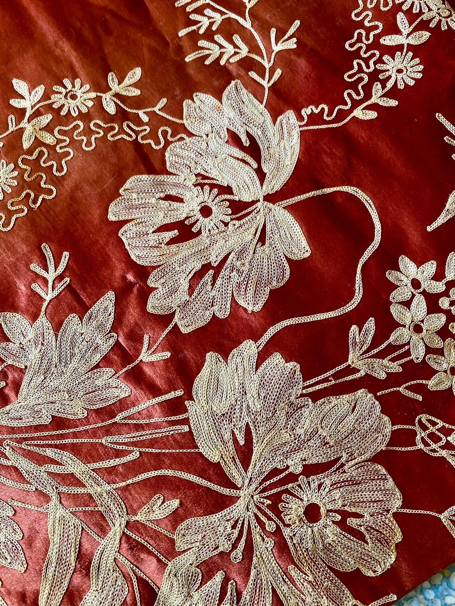 Chain Stitch Embroidery On Rust Satin France Circa 1900/1920-photo-3