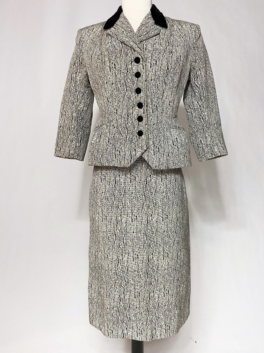 Bar Couture Skirt Suit In Marbled Printed Faille - France Circa 1947-1