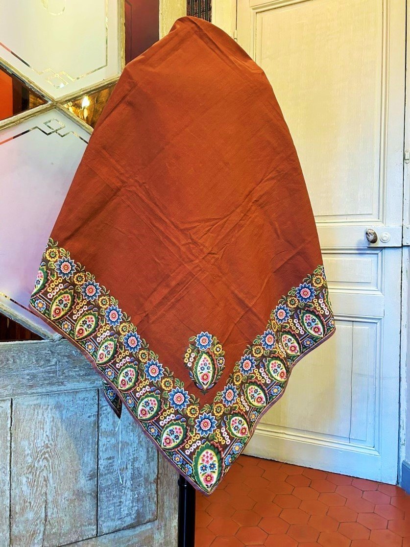 Remarkable Printed Cotton Shawl With Boteh Fleuries - Alsace Circa 1820-photo-5