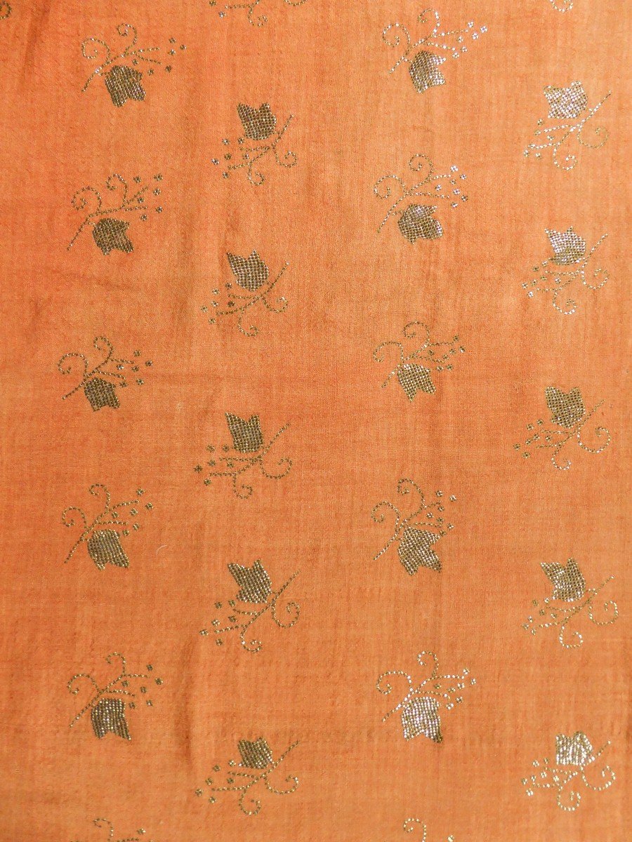 Grand Châle En Drap De Laine Orange Brodé Lames Dorées - Empire Ottoman Fin 19e Siècle-photo-1