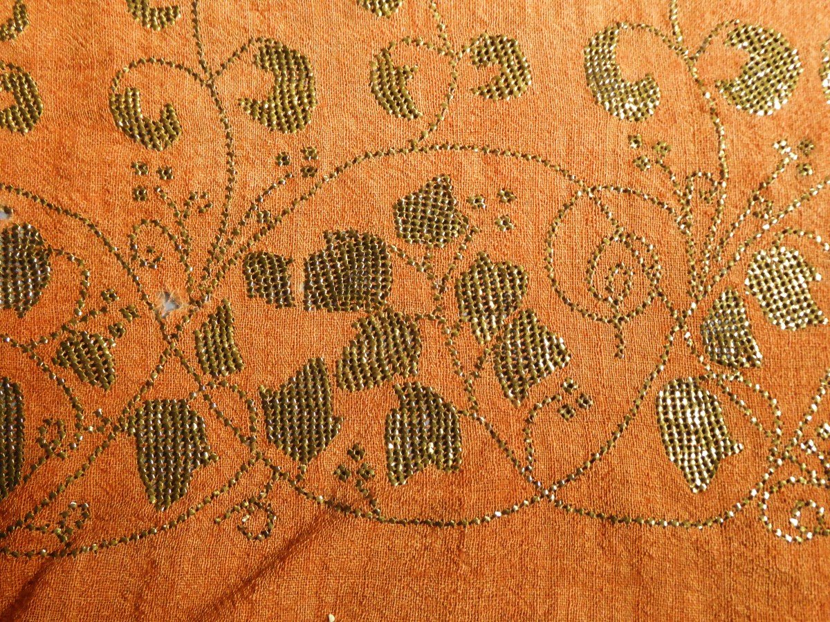 Grand Châle En Drap De Laine Orange Brodé Lames Dorées - Empire Ottoman Fin 19e Siècle-photo-6