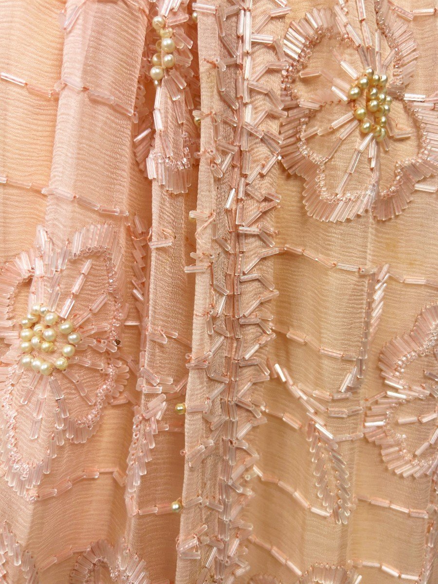 Art Deco Ball Gown In Salmon Pink Silk Crepe Embroidered With Pearls - France Circa 1920-1925-photo-4