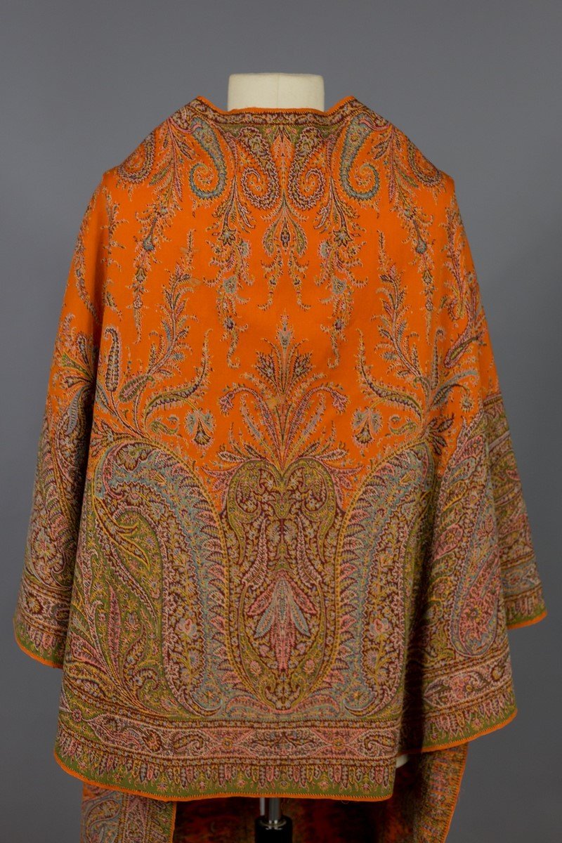 Shape-woven Visiting Shawl In Orange Cashmere - France Circa 1850-photo-3