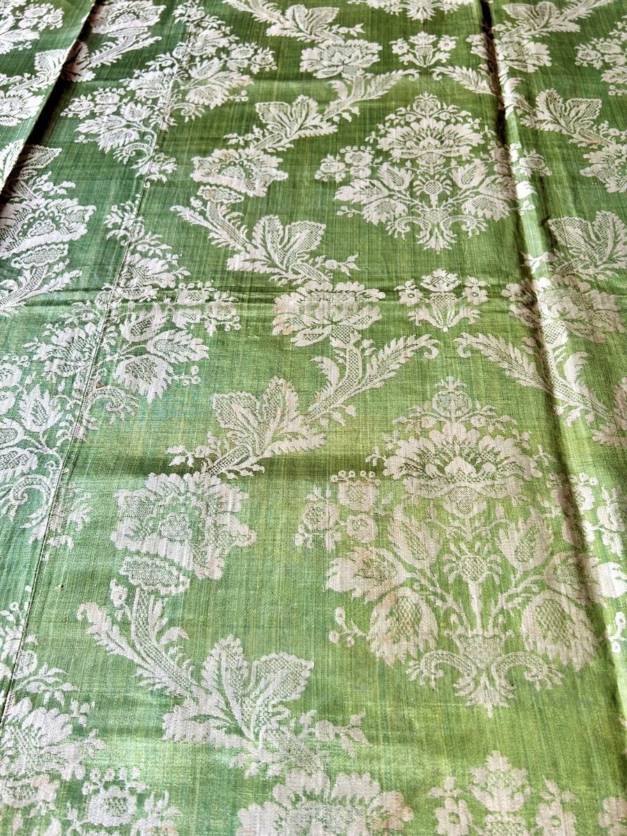 Silk Lampas Green-yellow Marbled Satin Background - Lyon Or Tours Circa 1770-photo-3