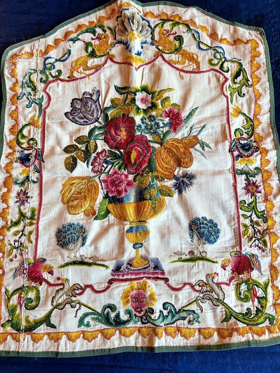 Panneau Baroque En Crewel Work Ou Cambrasine Brodée De Laine - France Circa 1700-1740-photo-6