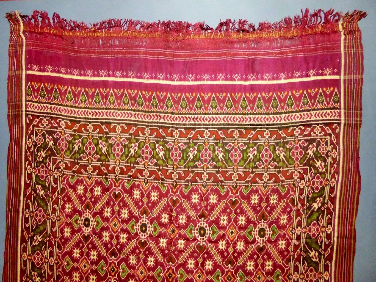 Patola Double Ikat Silk Shawl - India - Early 19th Century-photo-3