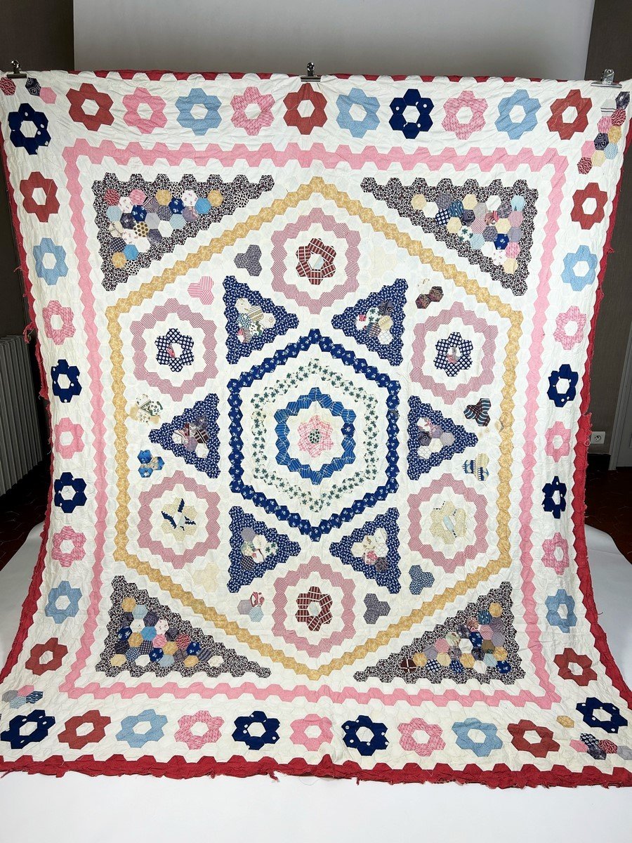 Tenture Patchwork à l'Hexagone En Coton Imprimé - Etats-unis Circa 1880-photo-2