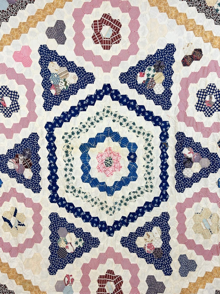 Tenture Patchwork à l'Hexagone En Coton Imprimé - Etats-unis Circa 1880-photo-3