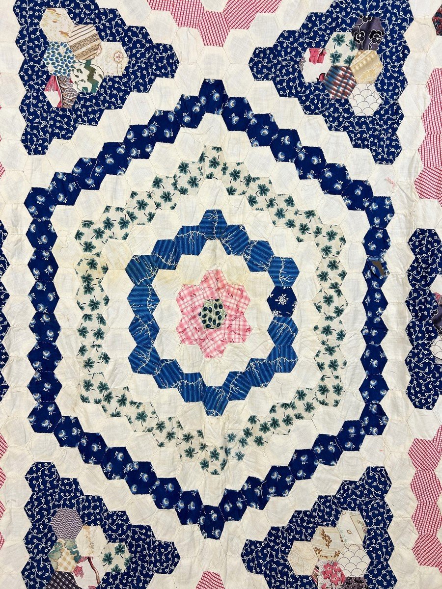 Tenture Patchwork à l'Hexagone En Coton Imprimé - Etats-unis Circa 1880-photo-4