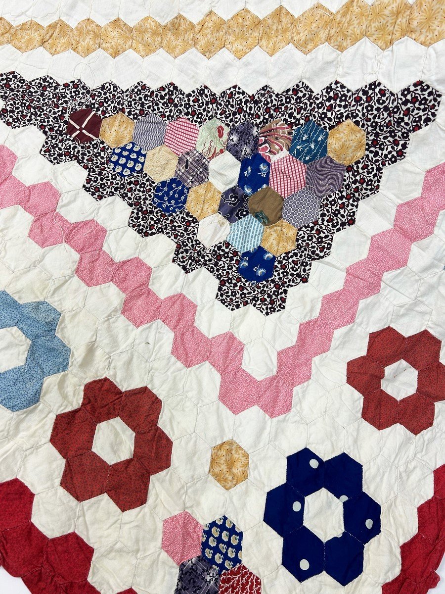 Tenture Patchwork à l'Hexagone En Coton Imprimé - Etats-unis Circa 1880-photo-1