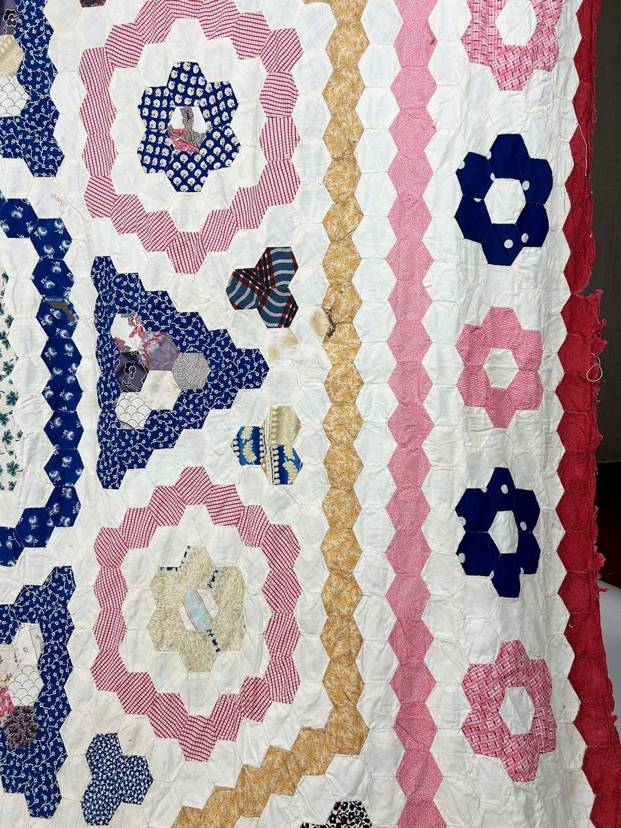 Tenture Patchwork à l'Hexagone En Coton Imprimé - Etats-unis Circa 1880-photo-2