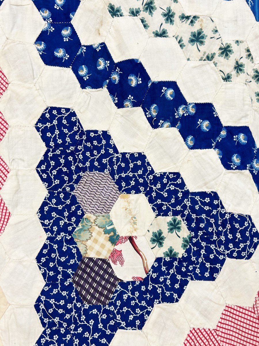 Tenture Patchwork à l'Hexagone En Coton Imprimé - Etats-unis Circa 1880-photo-4