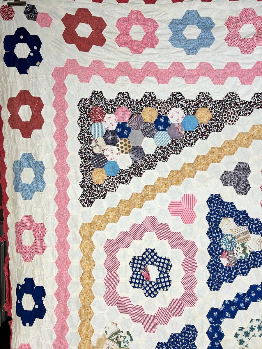 Tenture Patchwork à l'Hexagone En Coton Imprimé - Etats-unis Circa 1880-photo-5