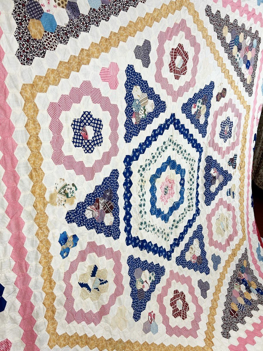 Tenture Patchwork à l'Hexagone En Coton Imprimé - Etats-unis Circa 1880-photo-6