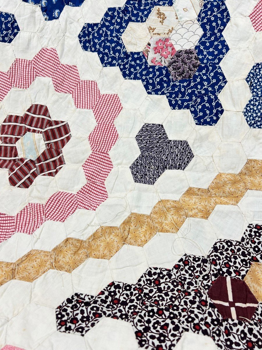 Tenture Patchwork à l'Hexagone En Coton Imprimé - Etats-unis Circa 1880-photo-7