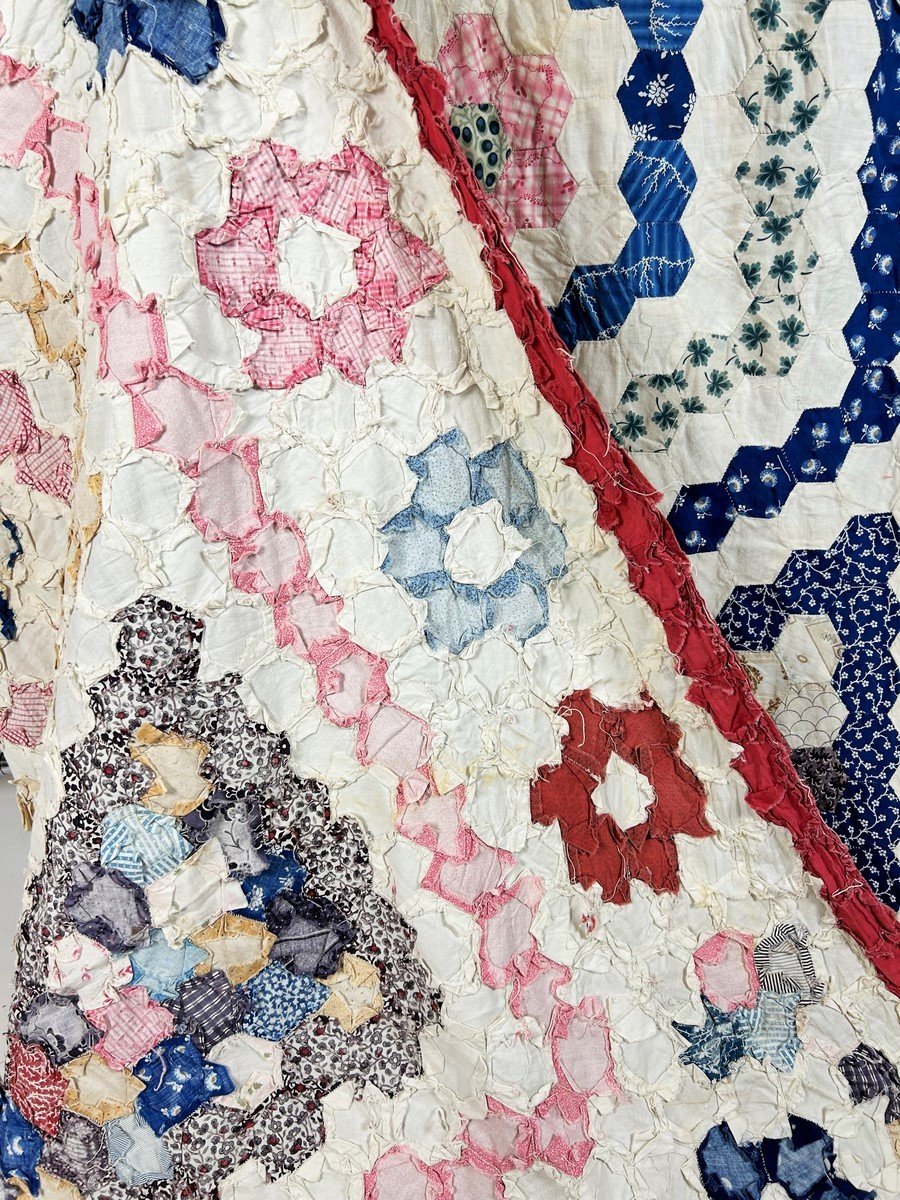 Tenture Patchwork à l'Hexagone En Coton Imprimé - Etats-unis Circa 1880-photo-8