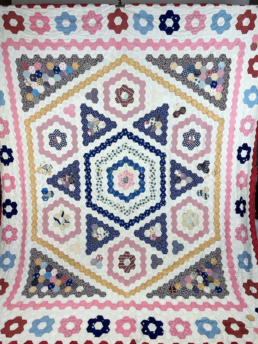 Tenture Patchwork à l'Hexagone En Coton Imprimé - Etats-unis Circa 1880