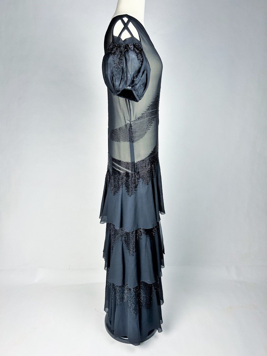 Silk Crepe Dress Embroidered With Pearls By Suzanne Talbot Haute Couture - Paris Circa 1930-photo-3