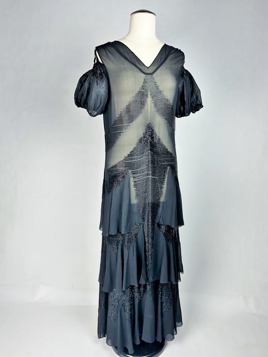 Silk Crepe Dress Embroidered With Pearls By Suzanne Talbot Haute Couture - Paris Circa 1930