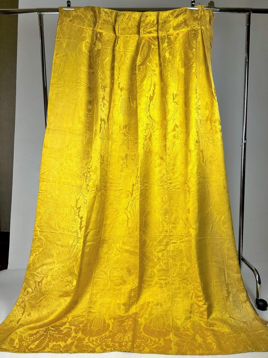 Pair Of Buttercup Yellow Damask Brocatelle Curtains - France Louis XV Period Circa 1740-photo-2