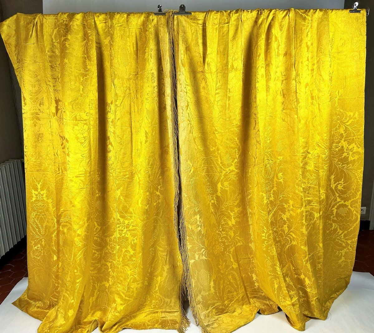 Pair Of Buttercup Yellow Damask Brocatelle Curtains - France Louis XV Period Circa 1740-photo-4