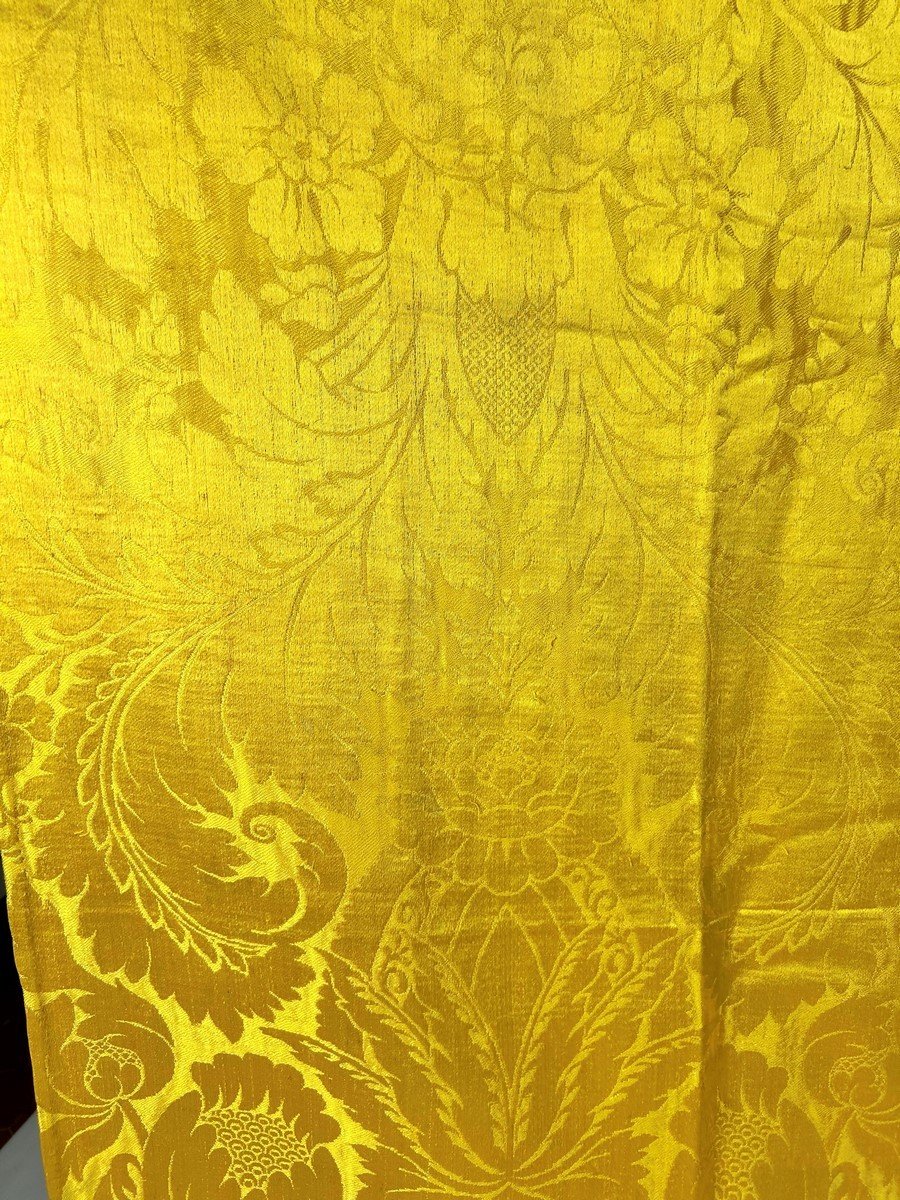 Pair Of Buttercup Yellow Damask Brocatelle Curtains - France Louis XV Period Circa 1740-photo-1