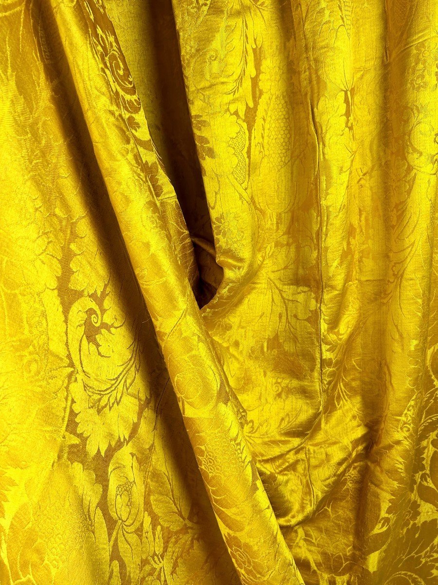 Pair Of Buttercup Yellow Damask Brocatelle Curtains - France Louis XV Period Circa 1740-photo-2