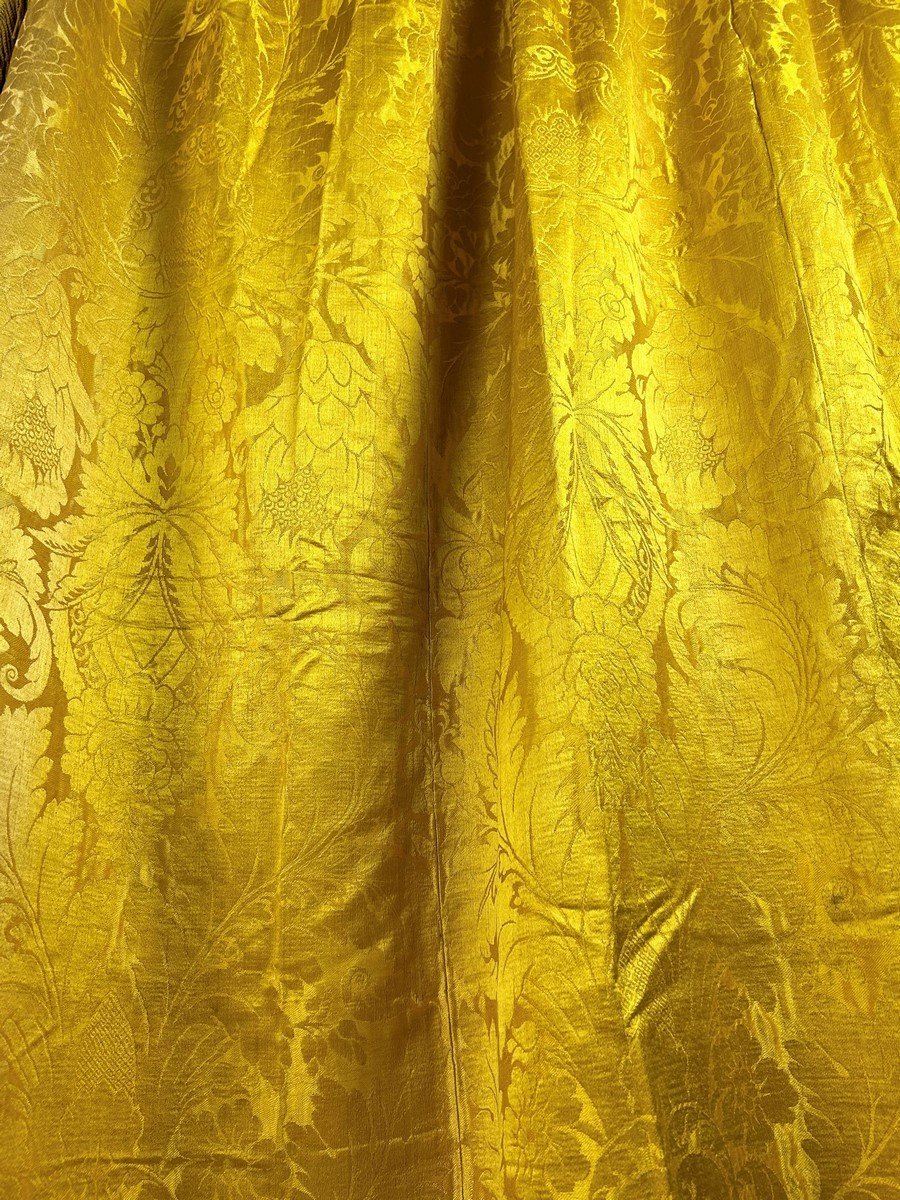 Pair Of Buttercup Yellow Damask Brocatelle Curtains - France Louis XV Period Circa 1740-photo-4