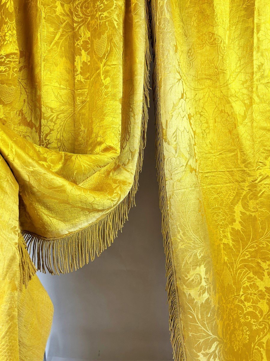 Pair Of Buttercup Yellow Damask Brocatelle Curtains - France Louis XV Period Circa 1740-photo-5