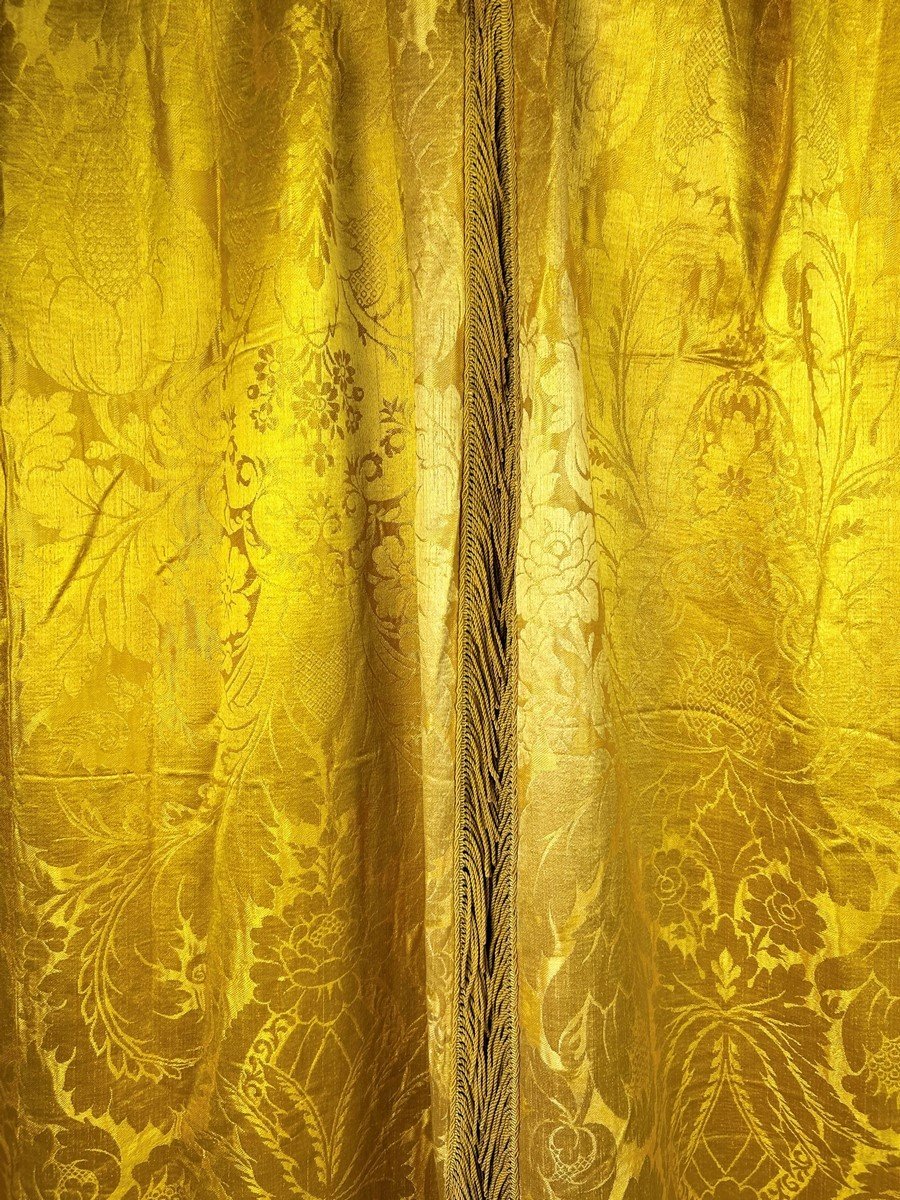 Pair Of Buttercup Yellow Damask Brocatelle Curtains - France Louis XV Period Circa 1740