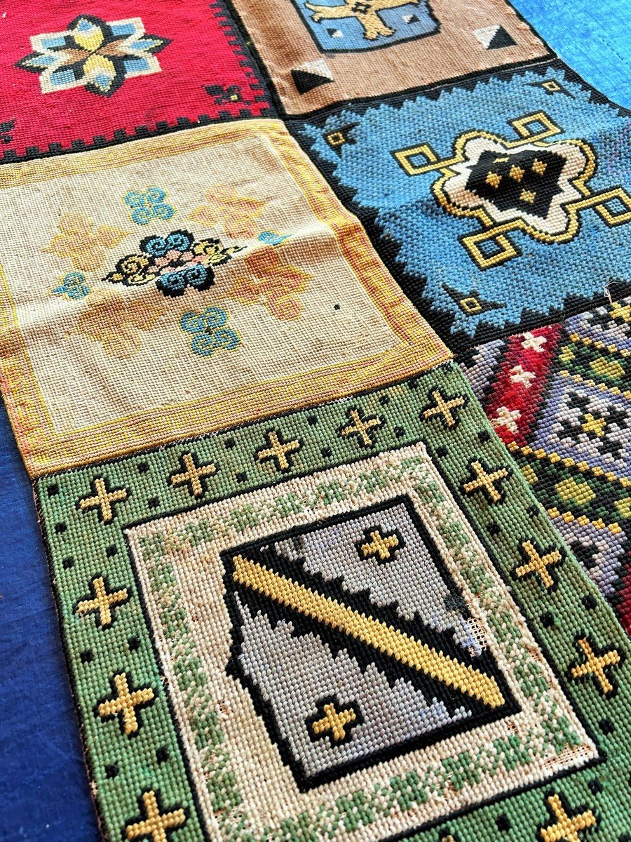 Heraldic Box Stitch Tapestry In The Style Of Viollet Le Duc - France Circa 1870-photo-1