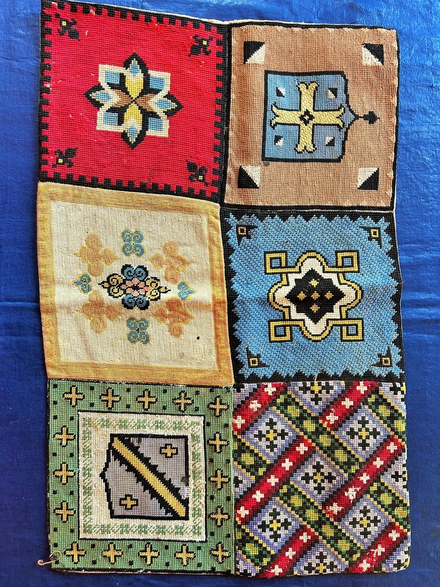 Heraldic Box Stitch Tapestry In The Style Of Viollet Le Duc - France Circa 1870