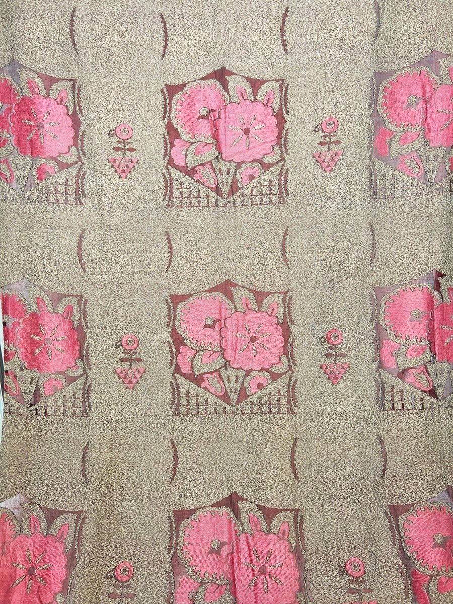 Pair Of Art Deco Curtains In Heathered Wool And Carmine Tulle - France Circa 1925