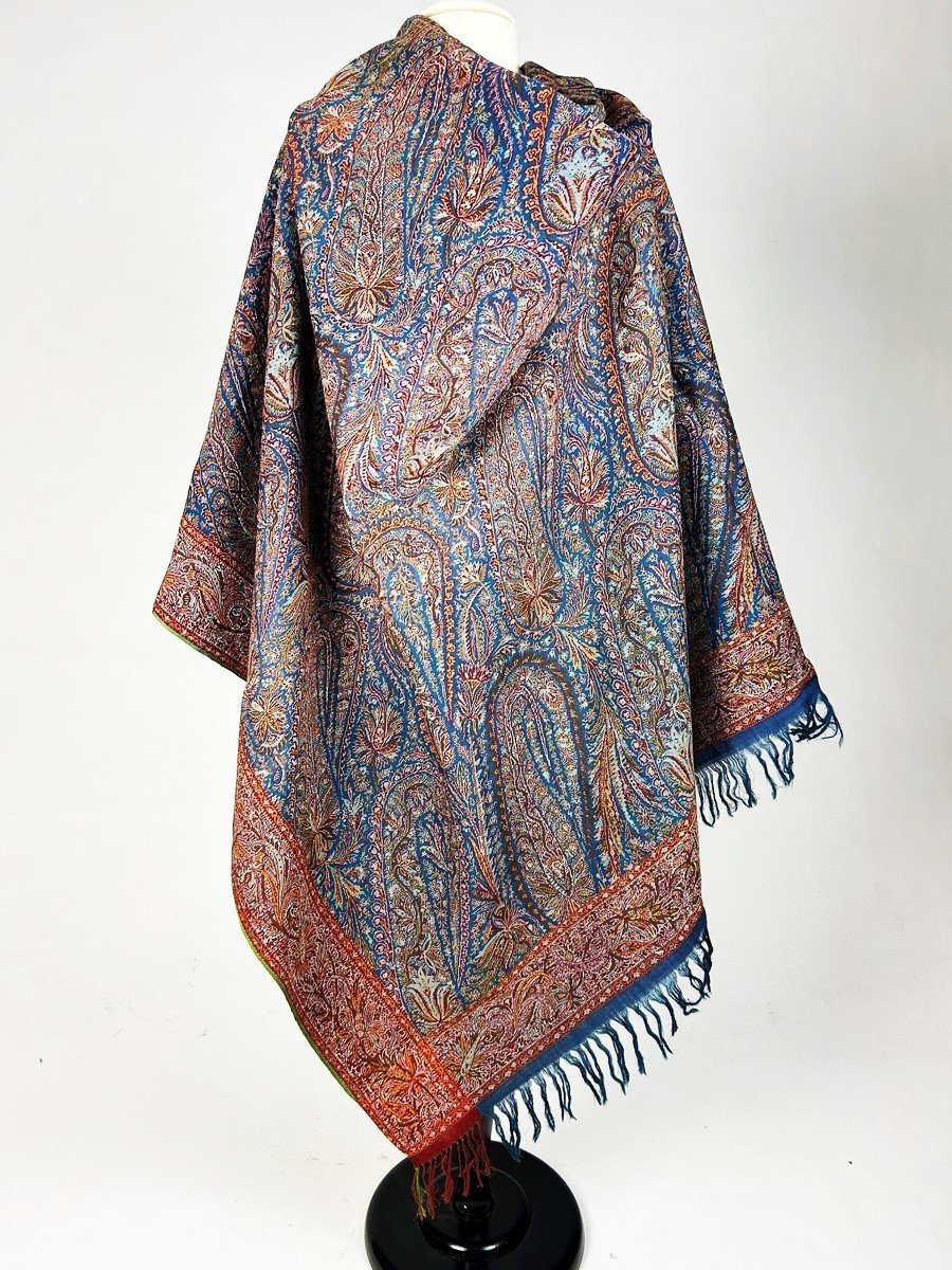 French Cashmere Shawl With Blue Background Loaded With Palmettes - Lyon Or Nîmes Circa 1850-photo-5