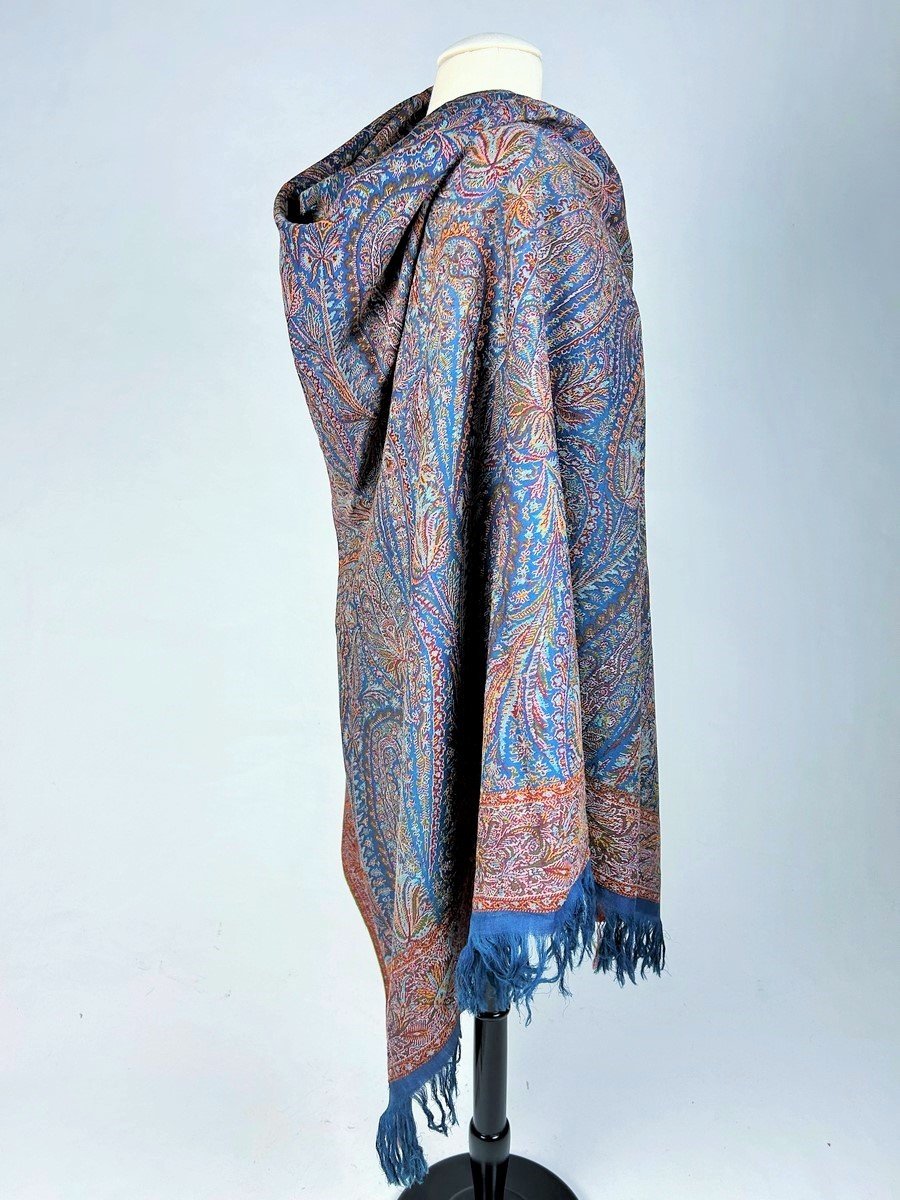 French Cashmere Shawl With Blue Background Loaded With Palmettes - Lyon Or Nîmes Circa 1850-photo-7