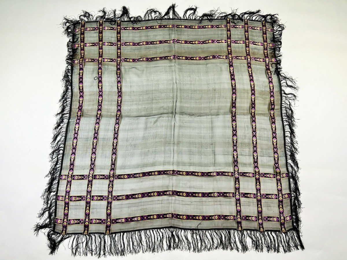 Grenadine Silk Shawl With Embroidered Floral Stripes - France Circa 1860-photo-3