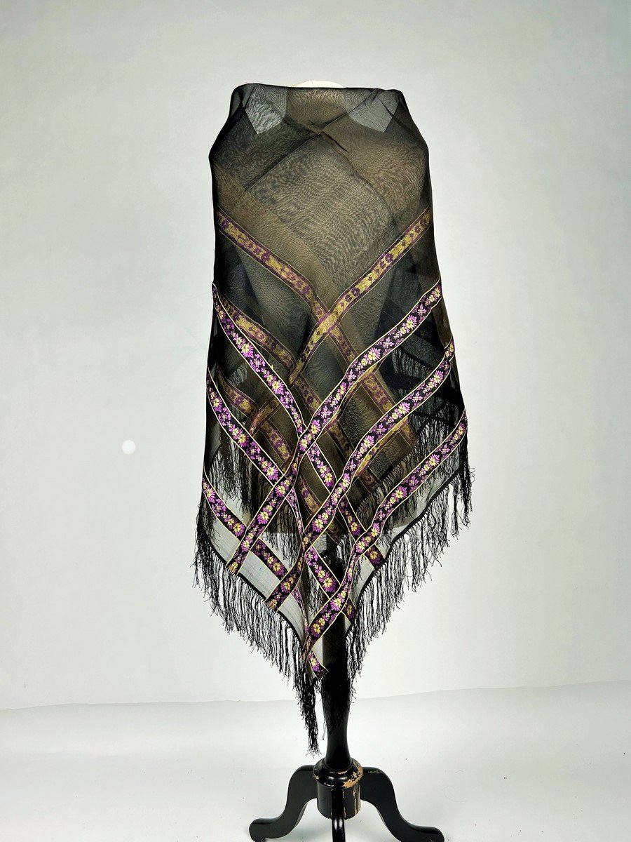 Grenadine Silk Shawl With Embroidered Floral Stripes - France Circa 1860-photo-1