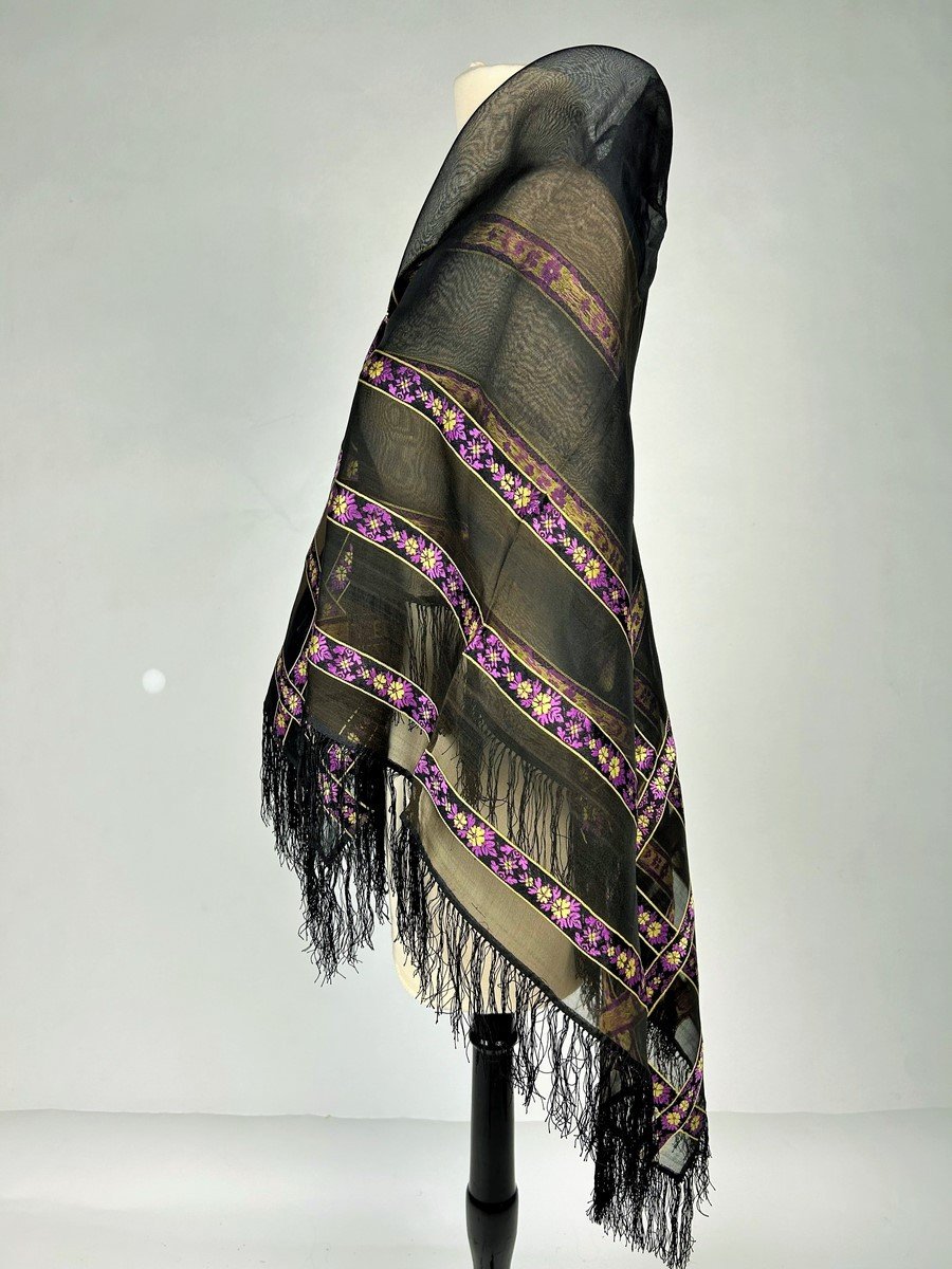 Grenadine Silk Shawl With Embroidered Floral Stripes - France Circa 1860-photo-2