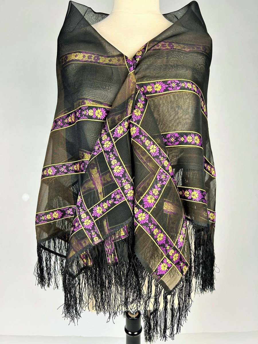 Grenadine Silk Shawl With Embroidered Floral Stripes - France Circa 1860-photo-4