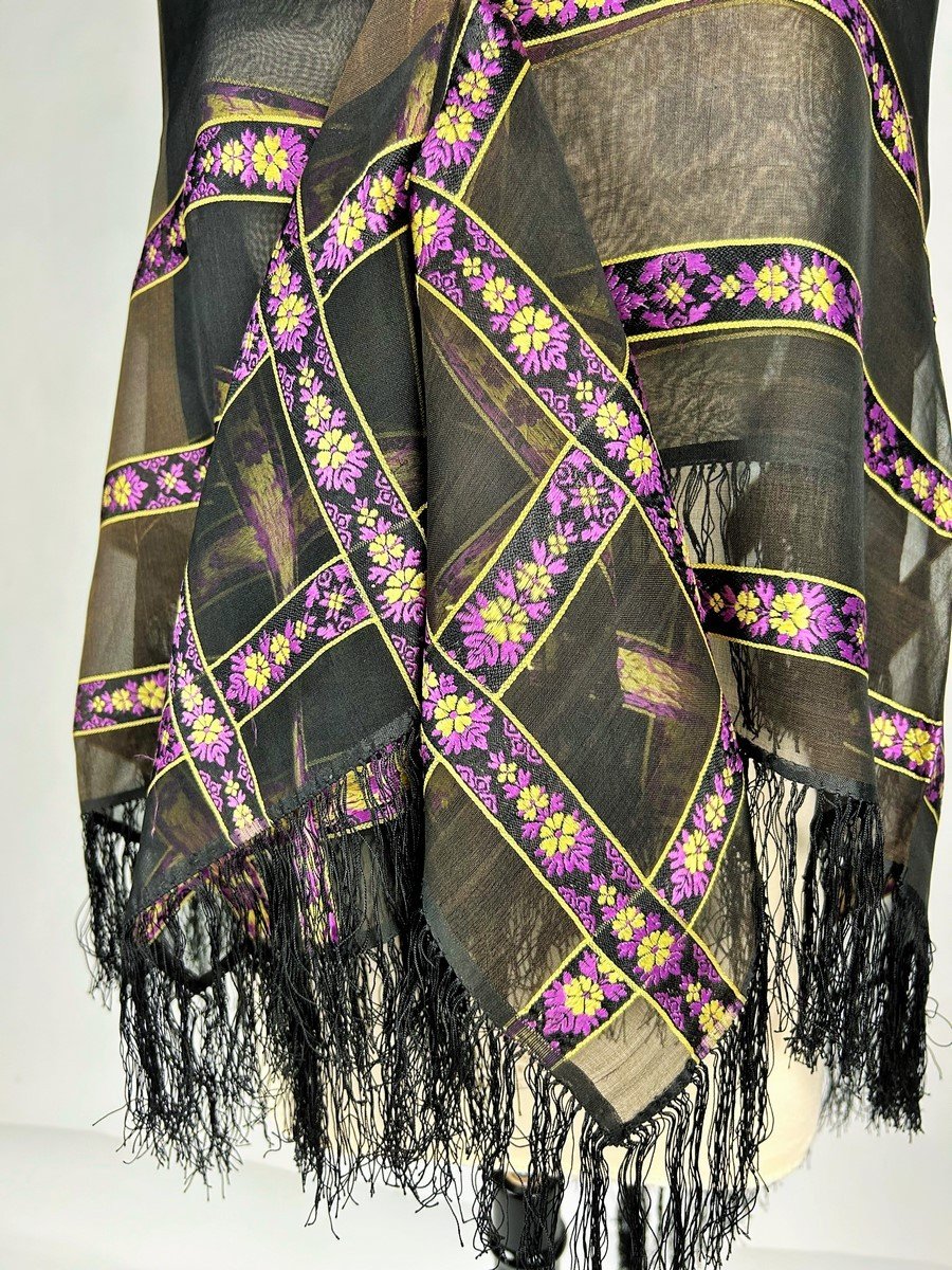 Grenadine Silk Shawl With Embroidered Floral Stripes - France Circa 1860-photo-5