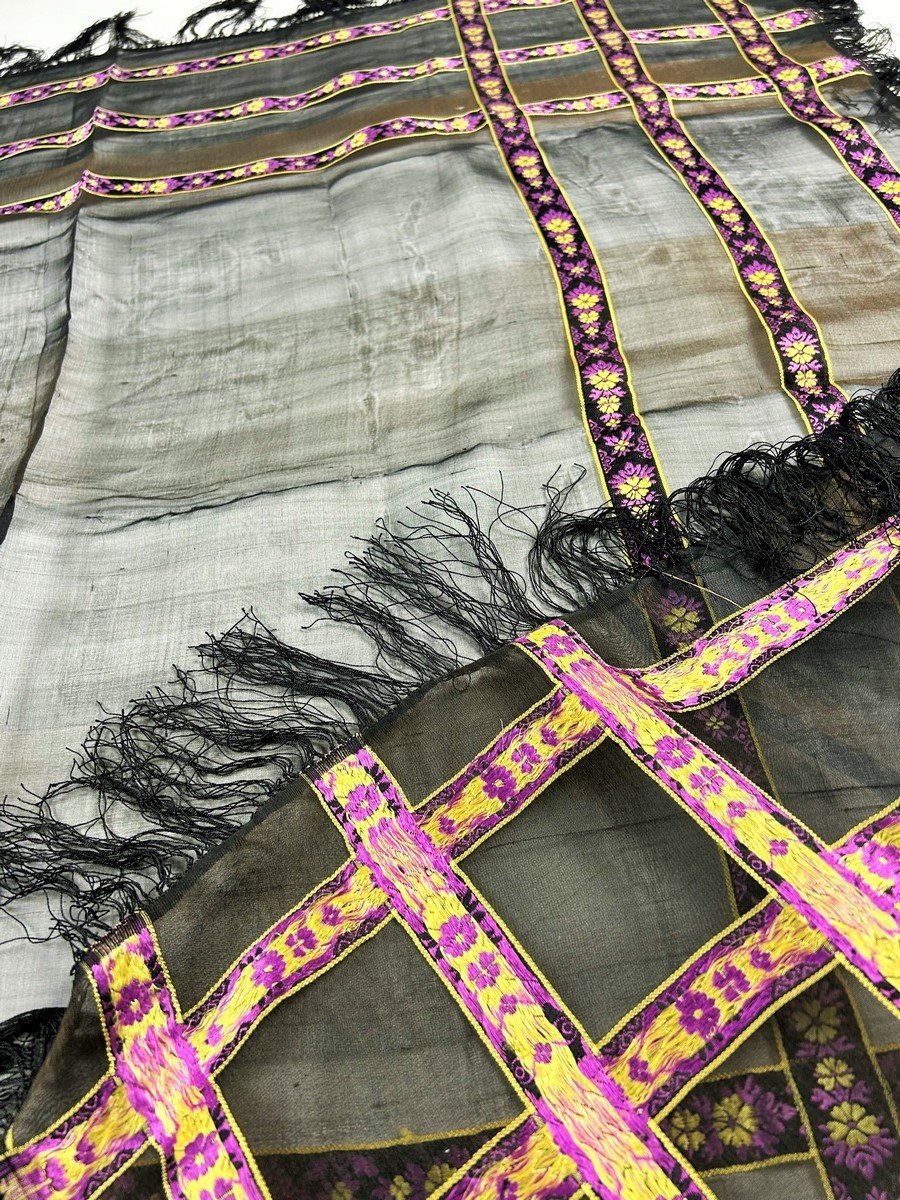 Grenadine Silk Shawl With Embroidered Floral Stripes - France Circa 1860-photo-7