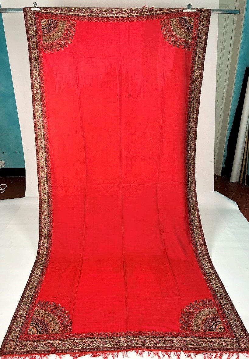 Long Châle Cachemire Français à La Réserve Rouge Corail Circa 1850-photo-5